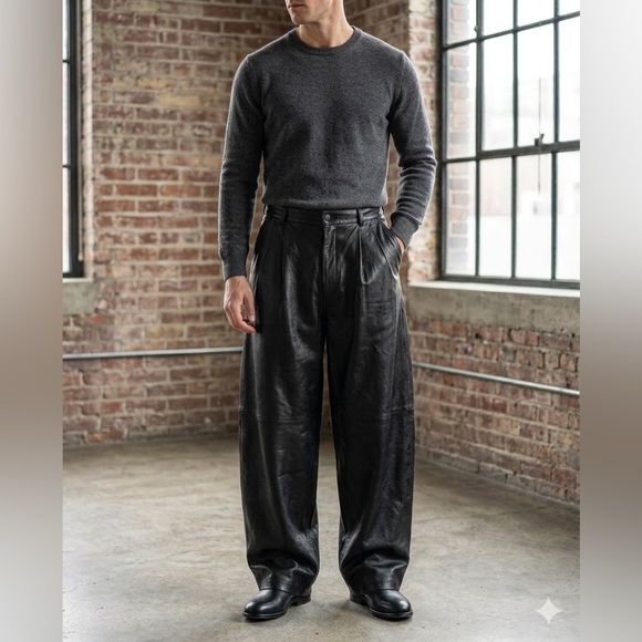 ManArt Mens 32 Black Genuine Leather Pant Oversized Streetwear Wide Leg Trouser